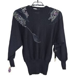 Vintage 80s Sweater Pioneer Wear Black Large NEW Embellished Suede Patch